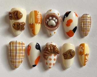 Calico Cat Cafe Nails: Cozy Faux Acrylic Press-Ons, Customizable, Short Almond