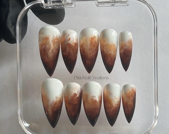 Iced Coffee Nails: Fall Faux Acrylic Press-Ons, Customizable, Medium Stiletto