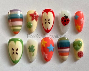 Spring Apple and Sweater Nails: Cozy Faux Acrylic Press-Ons, Customizable, Short Almond