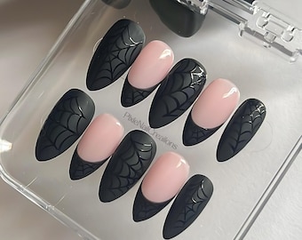 Spiderweb Nails: Halloween Faux Acrylic Press-Ons, Customizable, Medium Almond