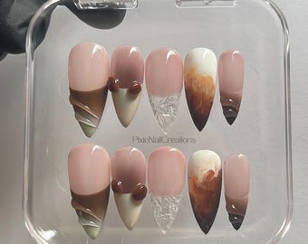 Coffee Nails: Fall Faux Acrylic Press-Ons, Customizable, Medium Stiletto