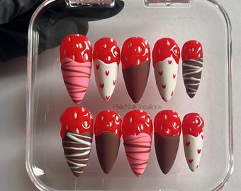 Chocolate Covered Strawberry Nails: Fruit Faux Acrylic Press-Ons, Customizable, Medium Almond