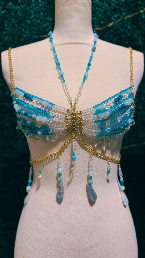 Blue Green Crystal Body Chain - Mermaid Costume Bra Top For Rave, Festival, Burlesque