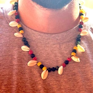 Cowrie Shell & Gemstone Beaded Necklace – 20” Afrocentric Necklace with Red Turquoise and Glass Beads | Ivy Reina Roots Collection