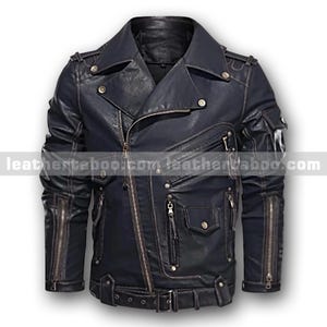 Men’s Black Premium Cowhide Leather Moto Jacket | Multi-Pocket Biker Jacket with Zipper Details & Adjustable Waist Belt | Mature