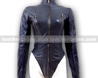Black Sheepskin Leather Bodysuit Jacket: Fitted Zip-Front Top