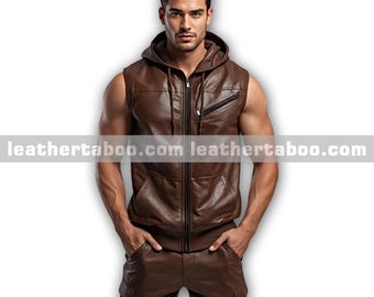Conjunto de chaleco y pantalón con capucha de piel de oveja marrón para hombre (sin mangas y con cremallera)