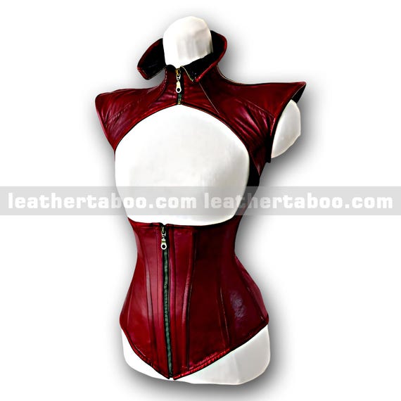 Red Sheepskin Leather Corset Top: High Neck Lace-Up Leatherwear
