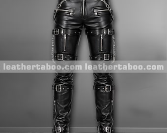 Men’s Black Real Leather Bondage Style Pants with Strap & Zipper Details - Cosplay Gear