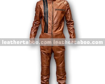 Men's Sheepskin Leather Jumpsuit: Black Stripe Detail, Quilted Knee