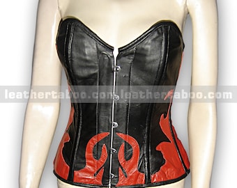 May include: Black leather corset with red flame design. The corset has a sweetheart neckline and a metal clasp closure. The text "leathertattoo.com" is visible on the image.