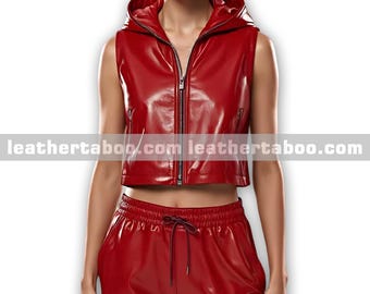 Women’s Stylish Red Leather Jogger Set – Sleeveless Hoodie Crop Vest with Pants Outfit
