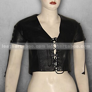 Women's Black Lace-Up Sheepskin Leather Crop Top – Short Sleeve V-Neck Corset Style | Mature