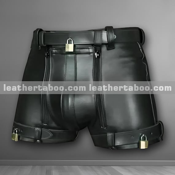 Black Genuine Leather Shorts Men's Modern Style Rear Zipper, Clubwear