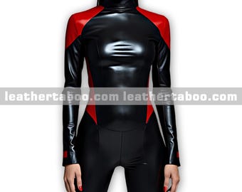 May include: A black and red bodysuit with a high neckline and long sleeves. The shoulders and upper sleeves are red, with red accents on the wrists. The text "leathertaboo.com" is printed across the image.