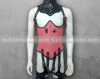 Pink & Black Sheepskin Leather Corset Outfit: Buckled Straps, Adjustable Fit