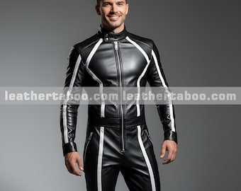 Tuta da uomo in pelle di pecora nera con strisce bianche, stile motociclista
