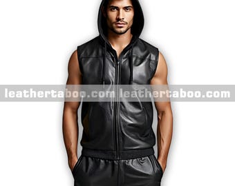 Leren mouwloze leren herenhoodie en broek met rits | Stijlvolle zwarte schapenvacht trainingspakoutfit