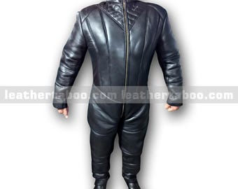Quilted Sheepskin Leather Jumpsuit: Men&#39;s Full Body Suit, High Collar