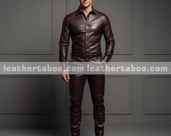Conjunto de camisa y pantalón de piel de oveja para hombre, estilo elegante y moderno.
