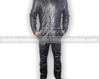 Men's Sheepskin Leather Jumpsuit: Black Asymmetric Zipper Utility Outfit