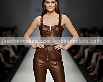 Women Sheepskin Leather Jumpsuit Front Zip Adjustable Strap One Piece Outfit