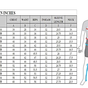 May include: Size chart for men's clothing in inches. Includes chest, waist, hips, inseam, sleeve length, and neck measurements for sizes small through 4X-large. A diagram illustrates where to measure.