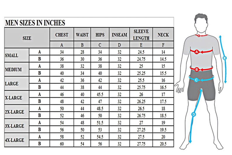May include: Size chart for men's clothing in inches. Includes chest, waist, hips, inseam, sleeve length, and neck measurements for sizes small through 4X-large. A diagram illustrates where to measure.
