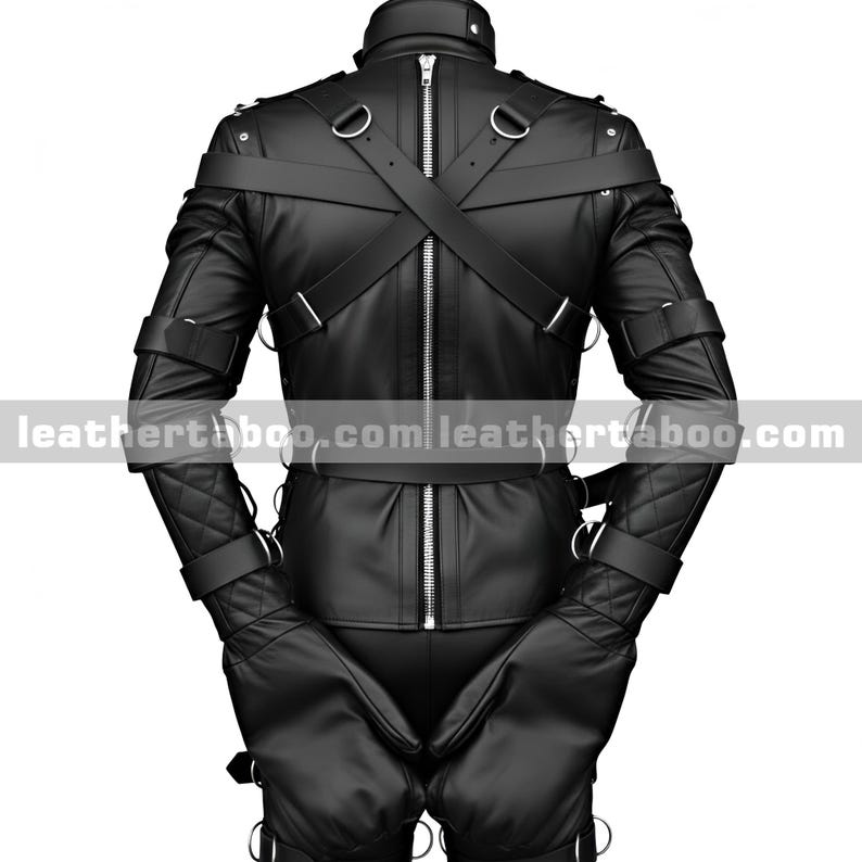 May include: Black leather jacket with a high collar, multiple straps, and metal rings. The jacket features a full-length zipper down the back and quilted detailing on the sleeves. The gloves are attached to the jacket.