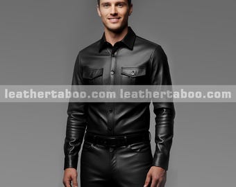 Conjunto de camisa y pantalón de piel de oveja para hombre, estilo moderno y ajustado.
