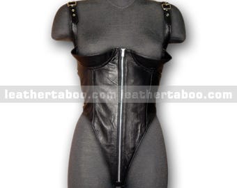 Women's Black Sheepskin Leather Bodysuit with Zipper Front and Adjustable Straps | Mature