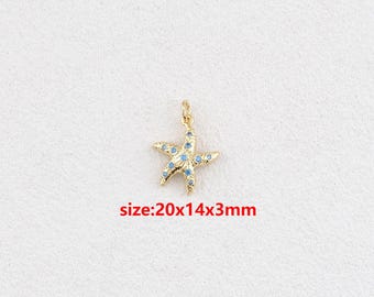 May include: Gold starfish pendant with blue gemstone detailing. The pendant is approximately 2.0 x 1.4 x 0.3 mm. The text "size: 20x14x3mm" is visible in the image.