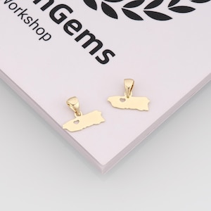 May include: Two gold-colored pendants shaped like the island of Puerto Rico, each with a heart-shaped cutout. The pendants have a loop at the top for a chain. The pendants are on a white surface with the text "Gems Workshop".