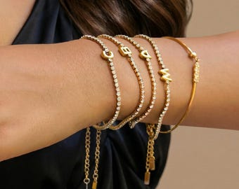 Sparkle Initial Bracelet, Gold Tennis Bracelet ,Letter Bracelet ,Crystal Bracelet ,Evening Jewelry ,Personalized Bracelet