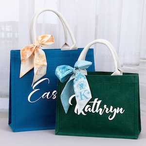 Bolsa de regalo de arpillera personalizada, bolsa de mano para dama de honor, bolsa de boda con bufanda, bolsa de despedida de soltera para ella, bolsa de mano para playa, regalo de cumpleaños