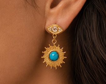 Turquoise Drop Earrings Gold Sunburst Earrings Boho Gift for Her Summer Statement Earrings Stainless Steel