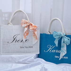 Bolsa de regalo personalizada, regalo de dama de honor, bolsa de playa, bolsa de regalo de boda con bufanda, recuerdo de despedida de soltera, bolsa de yute, bolsa de agradecimiento
