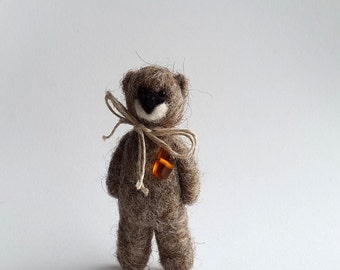 Needlefelt Bear Brooch With Amber Heart