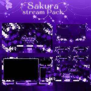 Peut inclure: Pack de superposition de flux numérique violet et blanc sur le thème des cerisiers. La superposition comprend un écran de démarrage imminent, une boîte de discussion, un chat en direct, une carte de titre et des boutons de médias sociaux. Le texte "Sakura stream Pack" est en haut de l'image.