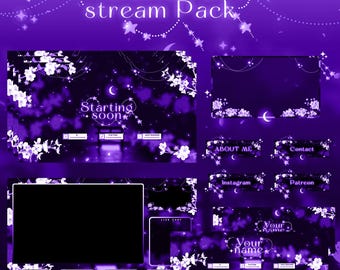 May include: Purple and white digital stream overlay pack with a sakura theme. The overlay includes a starting soon screen, a chat box, a live chat, a title card, and social media buttons. The text "Sakura stream Pack" is at the top of the image.