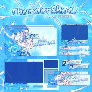 Puede incluir: Un paquete de streaming digital azul y blanco, titulado "ThunderShock Stream Package". El diseño incluye un personaje de dibujos animados con pelo blanco y gráficos de rayos. El paquete incluye varios elementos de superposición.