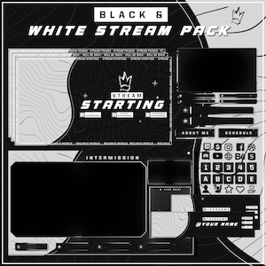 Premium Black and White Twitch overlays full stream package Black Stinger Transition Animated Alerts