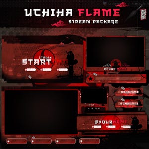 May include: A red and black Twitch stream overlay with the text "Uchiha Flame Stream Package". The overlay features a dark silhouette of a person with a red background and the text "Stream Starting".