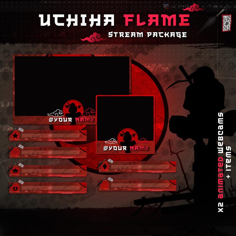 May include: Red and black animated Twitch stream package with the text "Uchiha Flame Stream Package" and "@your name". The package includes a webcam overlay, a screen overlay, and several animated alerts.