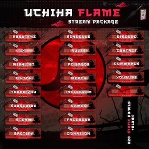 May include: A set of 20 red and black Twitch stream panels with various text labels, including "About Me", "Schedule", "Rules", "Wishlist", "TikTok", "Thank You", "Subscribe", "Steam", "Spotify", "Discord", "Contact", "Commands", "Merch", "YouTube", "Instagram", "Games", "Facebook", "Donation", and "X20 Static Panels + Blank".