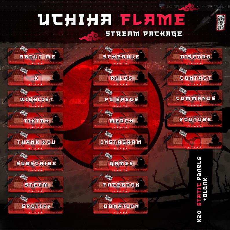 May include: A set of 20 red and black Twitch stream panels with various text labels, including "About Me", "Schedule", "Rules", "Wishlist", "TikTok", "Thank You", "Subscribe", "Steam", "Spotify", "Discord", "Contact", "Commands", "Merch", "YouTube", "Instagram", "Games", "Facebook", "Donation", and "X20 Static Panels + Blank".