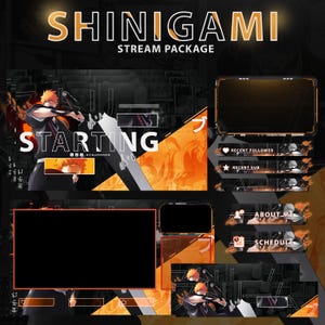 Puede incluir: Un paquete de transmisión digital con un esquema de color negro, naranja y blanco. El diseño incluye la palabra "SHINIGAMI" y el texto "STREAM PACKAGE". La palabra "STARTING" también es visible. El paquete incluye varios elementos de superposición.
