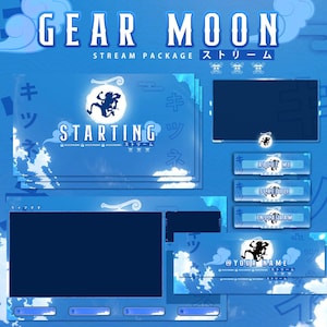 Pacote de transmissão completo de sobreposições de Twitch de engrenagem animada Moon Alertas animados de transição do Blue Stinger