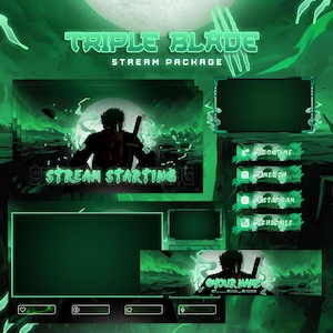 Può includere: Un pacchetto di streaming verde e nero con il testo "TRIPLE BLADE STREAM PACKAGE". Il design include la silhouette di un personaggio con una spada e pulsanti per "ABOUT ME", "MERCH", "INSTAGRAM" e "SCHEDULE".
