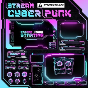 May include: A digital graphic design for a "Cyber Punk" stream package. The design features a black background with neon blue and pink accents. Text includes "Stream Cyber Punk", "Stream Starting", and various social media icons.